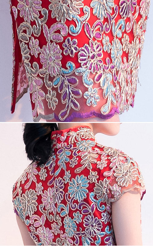 Red Woven Floral Midi Qipao / Cheongsam Wedding Dress