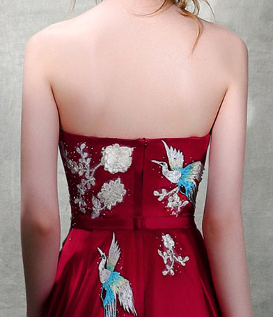 Burgundy Embroidered Strapless Wedding A-Line Prom Dress