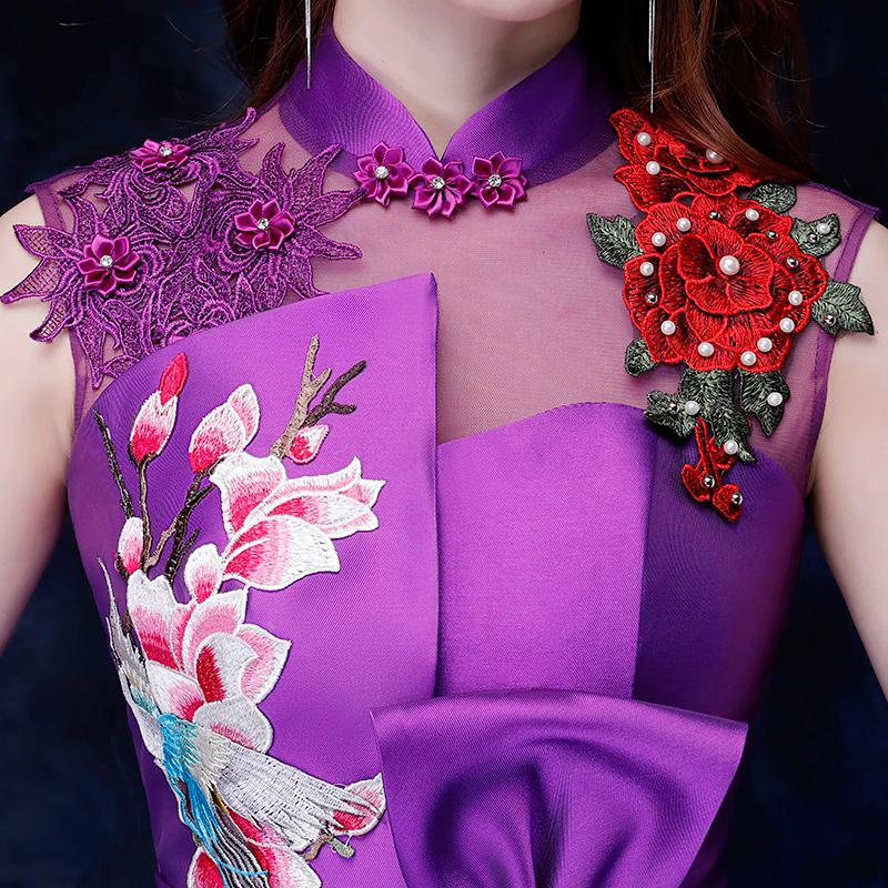 Purple Green Embroidered Fishtail Qipao / Cheongsam Party Dress
