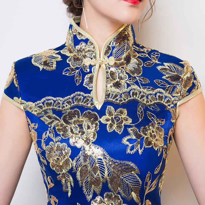 Red Blue Sequin Floral Fishtail Qipao / Cheongsam Wedding Dress