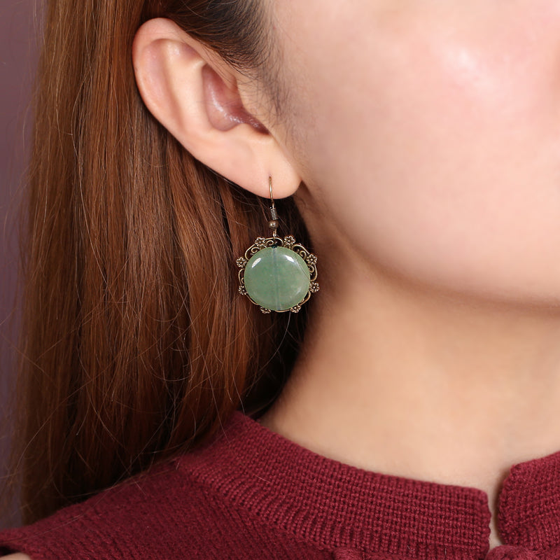 Green Jade Dangle Drop Pierced Clip On Earrings