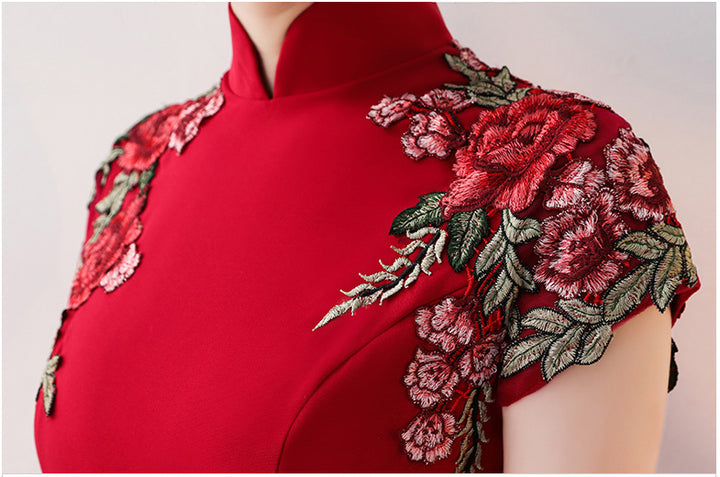Burgundy Black Embroidered Midi Frill Hem Qipao / Cheongsam Dress