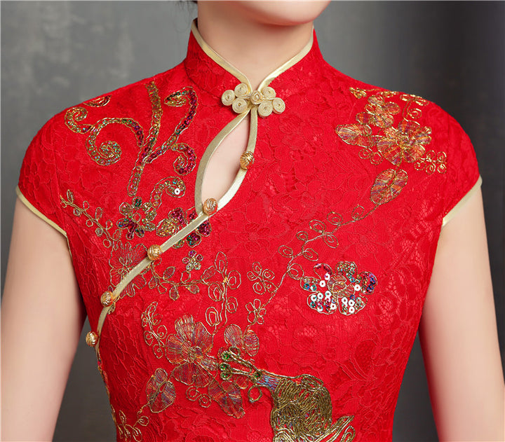 Red Lace Phoenix Full Length Cheongsam / Qipao Wedding Dress