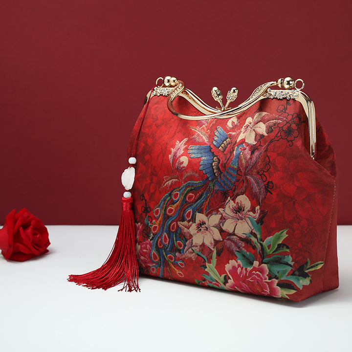 Red Printed Phoenix Chain Shoulder Cross Hand Bag