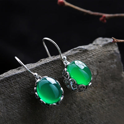 Green Agate Waterdrop Silver Dangle Earrings