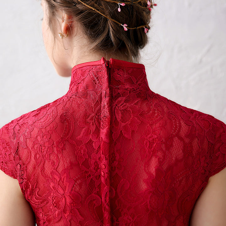 Ball Gown Wine Red Lace Qipao / Cheongsam Evening Dress