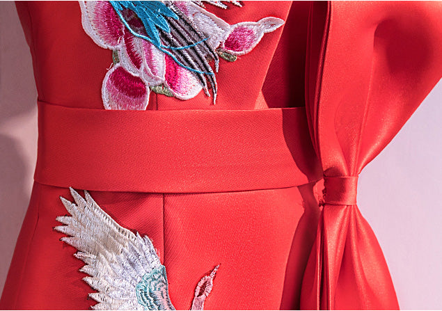 Red Blue Embroidered Fishtail Qipao / Cheongsam Wedding Dress