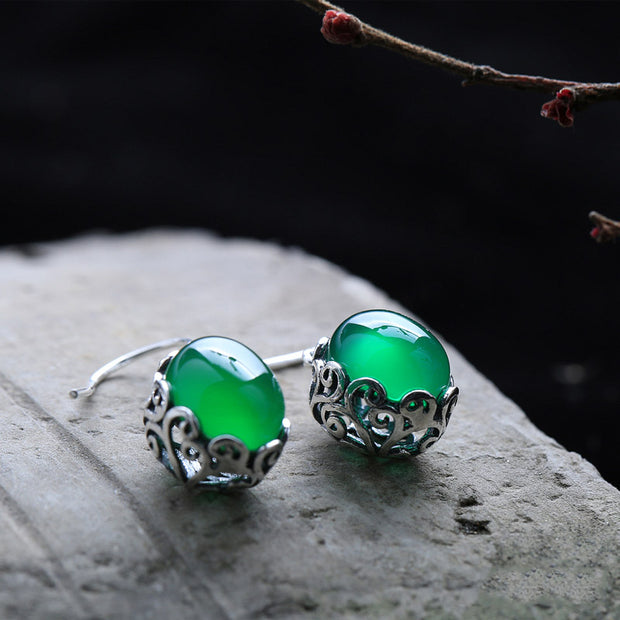 Green Agate Waterdrop Silver Dangle Earrings