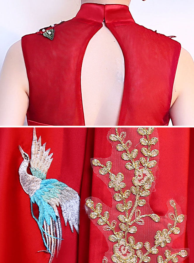 Wine Red A-Line Phoenix Maxi Qipao Cheongsam Evening Dress