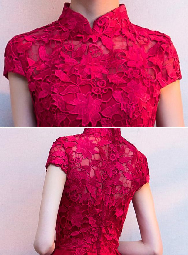 Red High Low Hem Lace Qipao / Cheongsam Party Dress