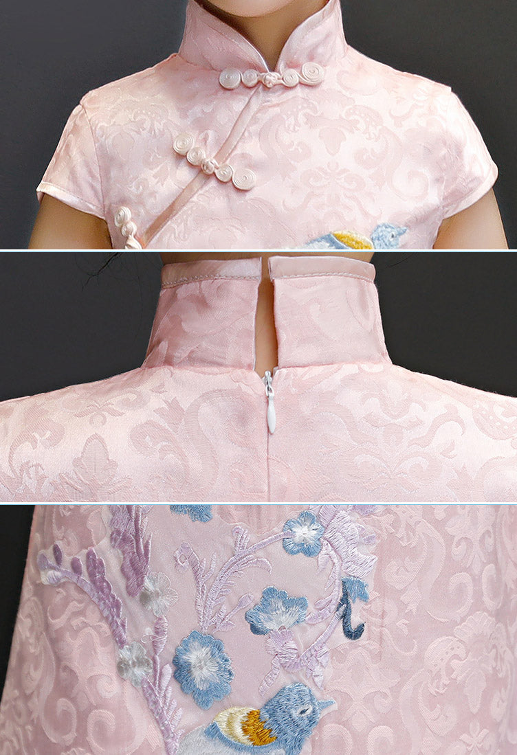 Pink Embroidered Kids Girl Cheongsam / Qipao Dress
