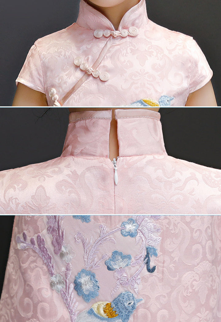 Pink Embroidered Kids Girl Cheongsam / Qipao Dress