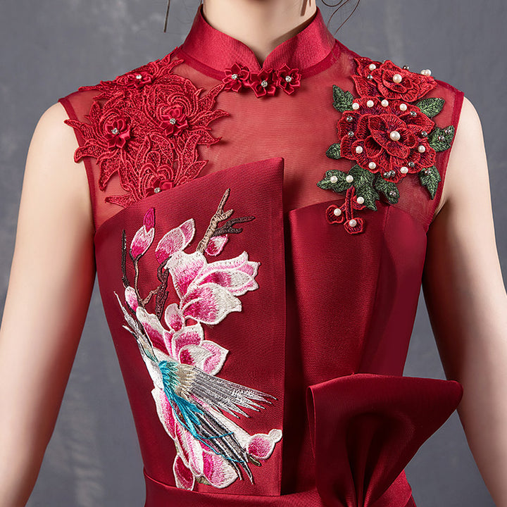 Wine Red Embroidered Fishtail Qipao / Cheongsam Wedding Dress
