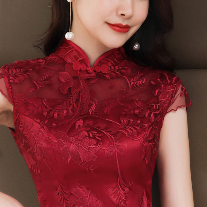 Wine Red Lace Long Qipao / Cheongsam Wedding Dress