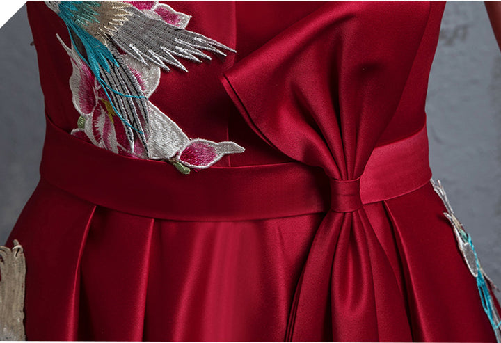 Wine Red A-Line Phoenix Maxi Qipao Cheongsam Evening Dress