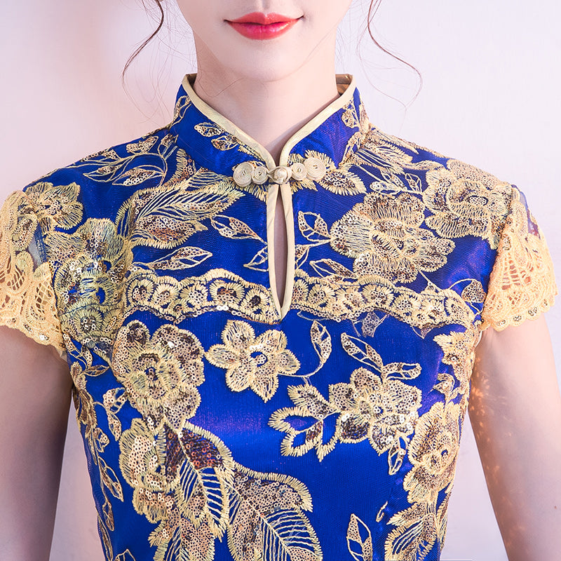 Red Blue Sequins Traditional Qipao / Cheongsam Wedding Dress