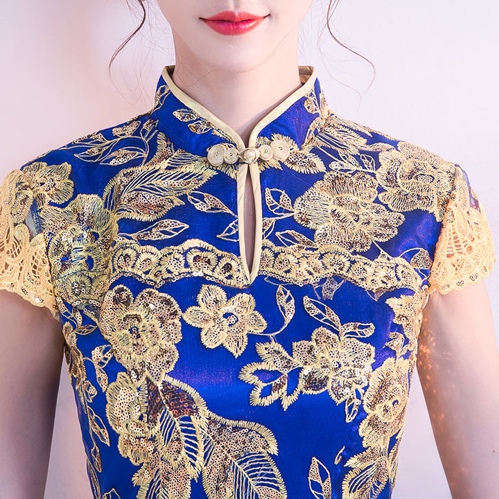 Red Blue Sequins Traditional Qipao / Cheongsam Wedding Dress