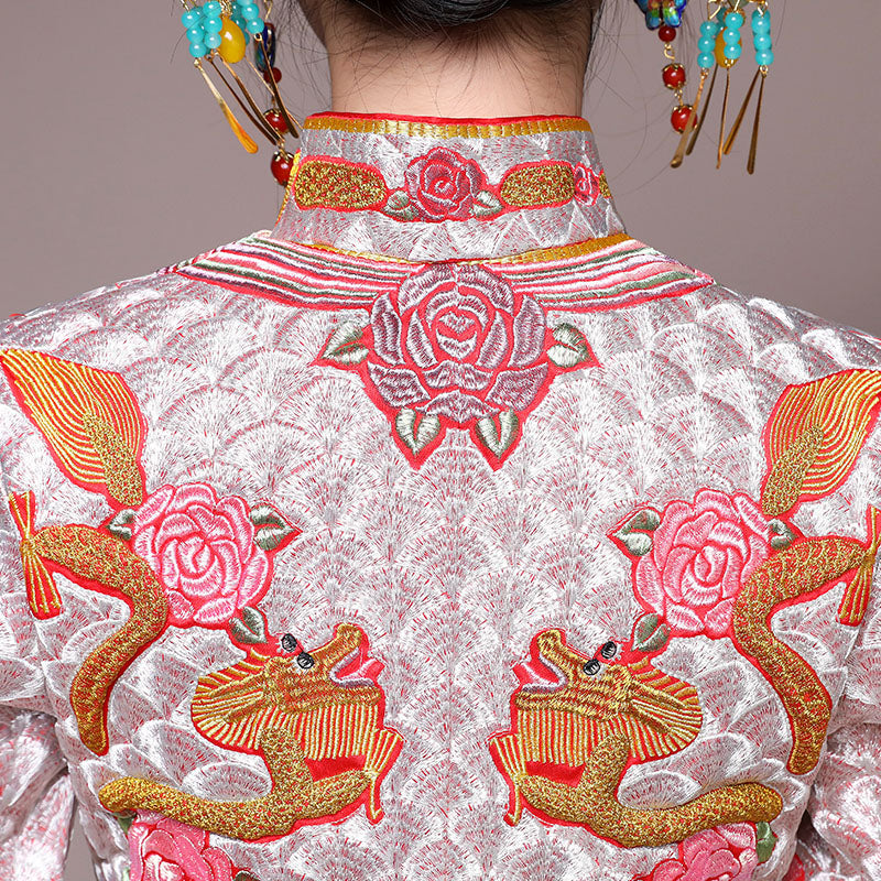Movie Star Pink Embroidered Chinese Wedding Bridal Qun Kwa