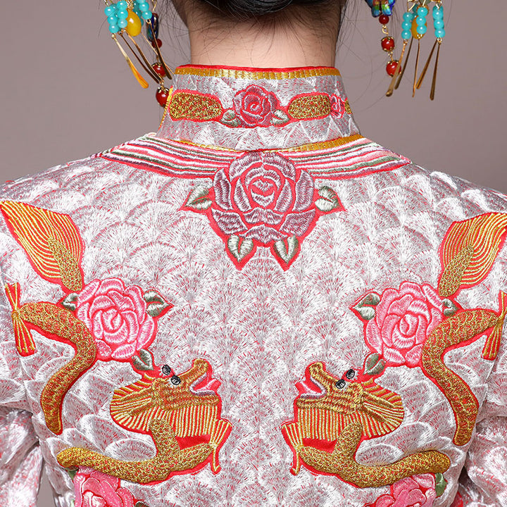 Movie Star Pink Embroidered Chinese Wedding Bridal Qun Kwa