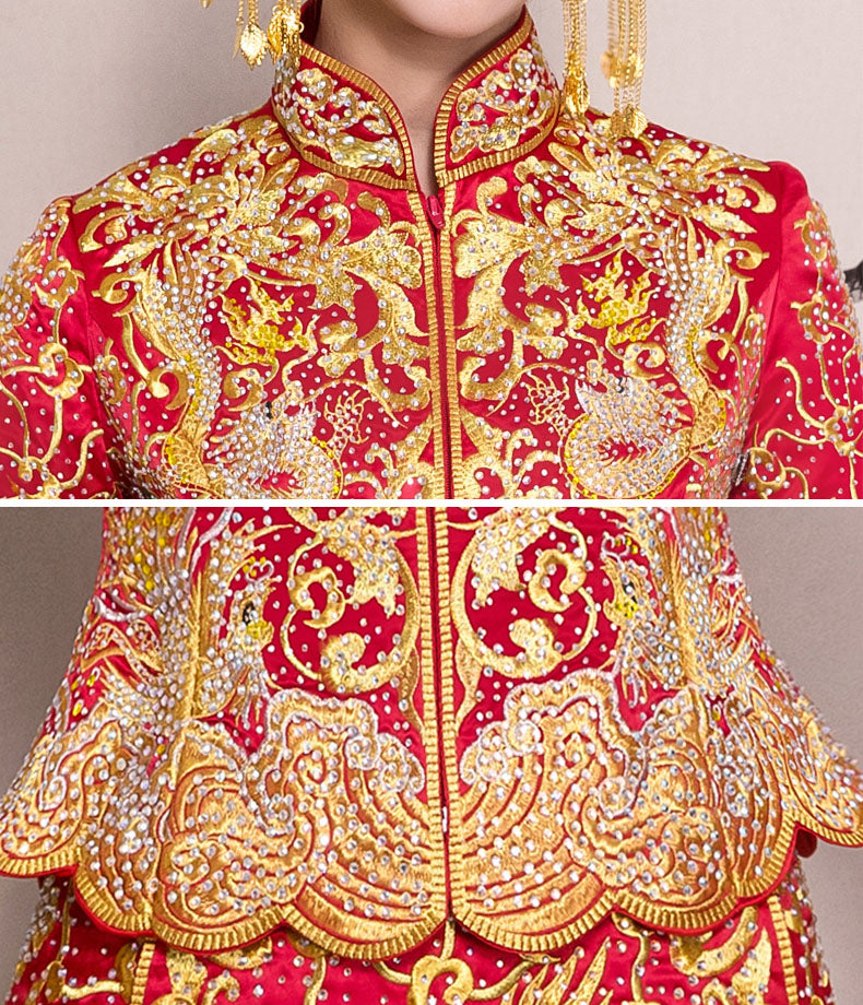 Gorgeous Beads Wedding Qun Kwa with Dragon & Phoenix Embroidery
