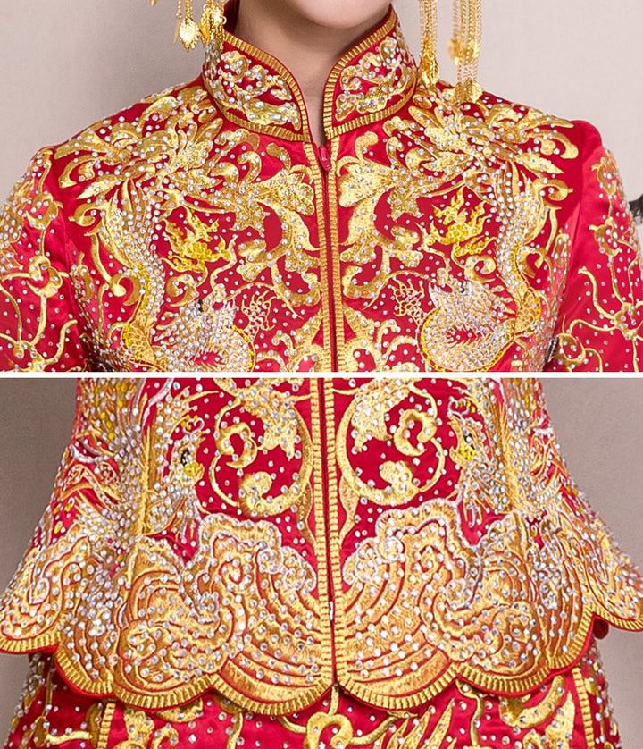 Gorgeous Beads Wedding Qun Kwa with Dragon & Phoenix Embroidery