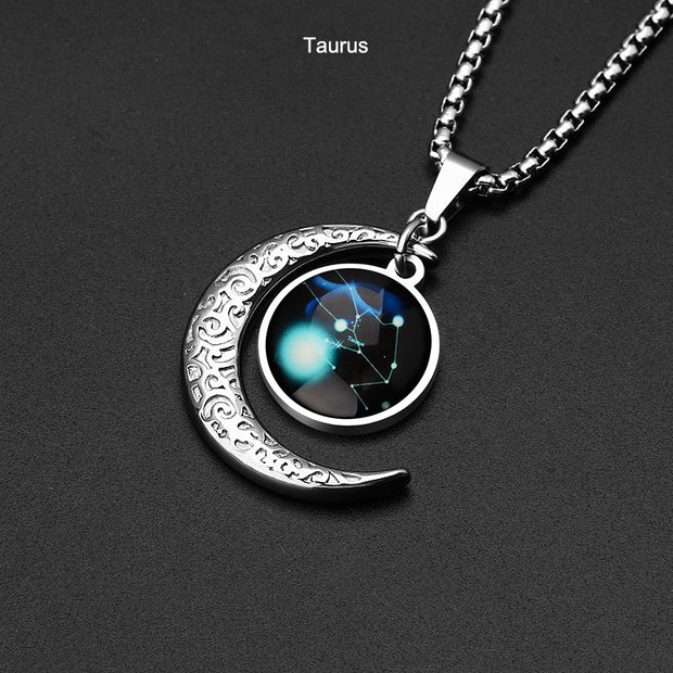 Stainless Steel 12 Constellation Zodiac Moon Pendant Necklace