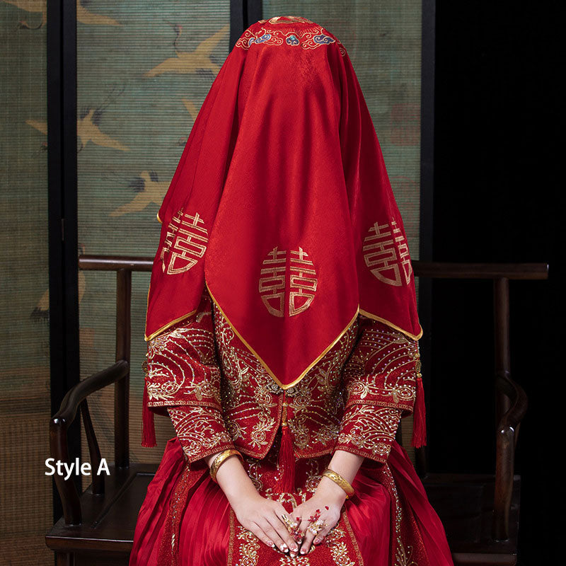 Red Floral Embroidery Chinese Wedding Bridal Veil