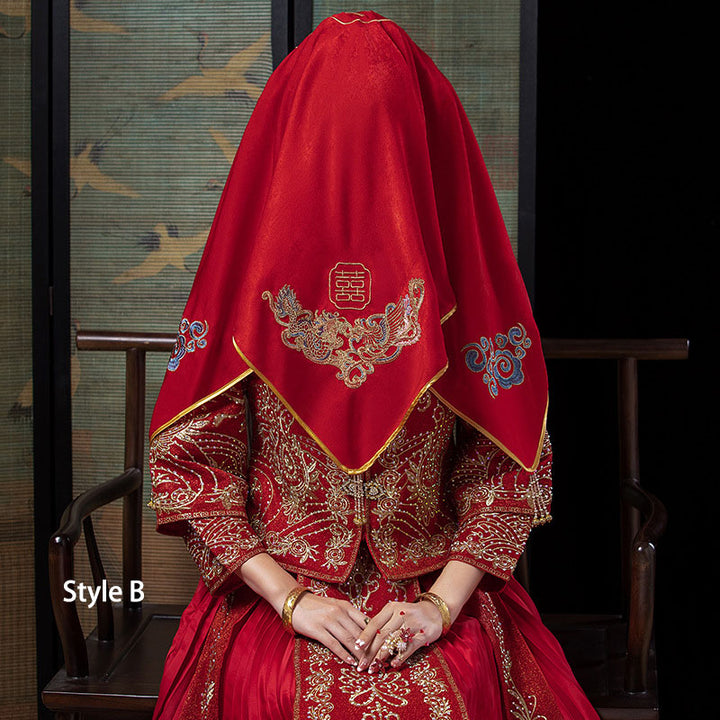 Red Floral Embroidery Chinese Wedding Bridal Veil