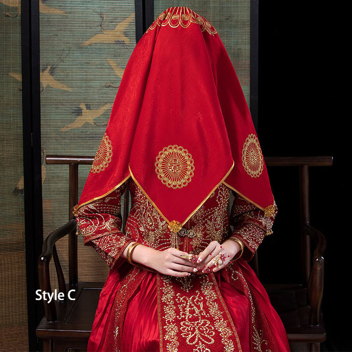 Red Floral Embroidery Chinese Wedding Bridal Veil