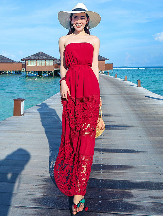 Red Broderie Bandeau Maxi Beach Dress