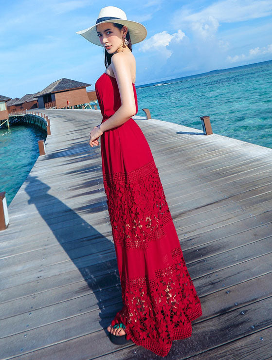 Red Broderie Bandeau Maxi Beach Dress