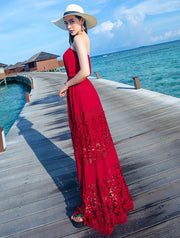 Red Broderie Bandeau Maxi Beach Dress
