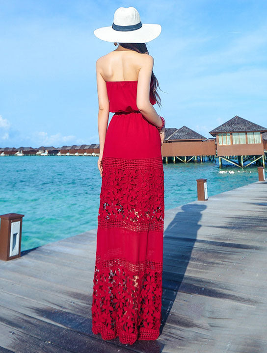 Red Broderie Bandeau Maxi Beach Dress
