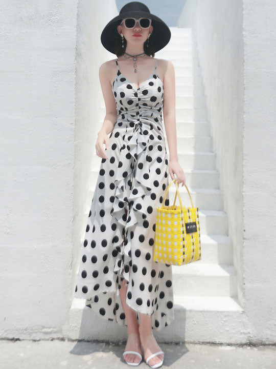 Frill Polka Dots Maxi Beach Dress with High Low Hem