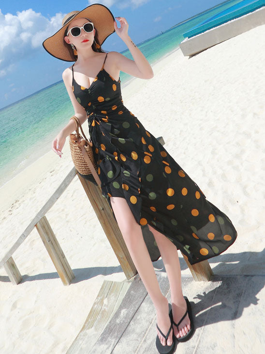 Frill Polka Dots Maxi Beach Dress with High Low Hem