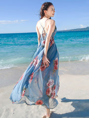 Floral Print Blue Maxi Beach Dress with Tie Back