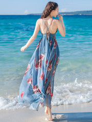 Floral Print Blue Maxi Beach Dress with Tie Back