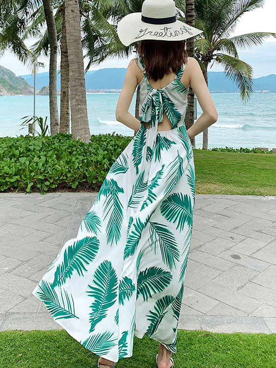 Leaf Print Maxi Beach Dress with Tie Back