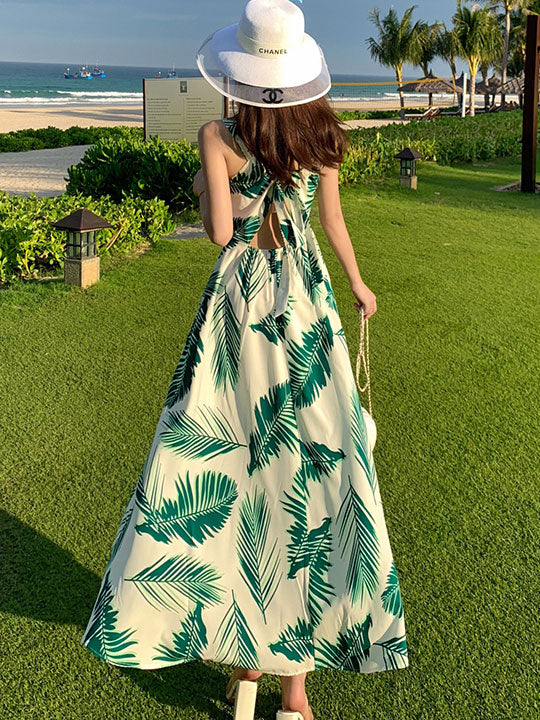 Leaf Print Maxi Beach Dress with Tie Back