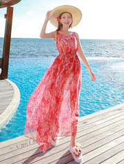 Plus Red Floral Maxi Beach Dress with Belt