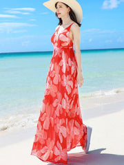 Red Floral Maxi Beach Dress with Self Tie