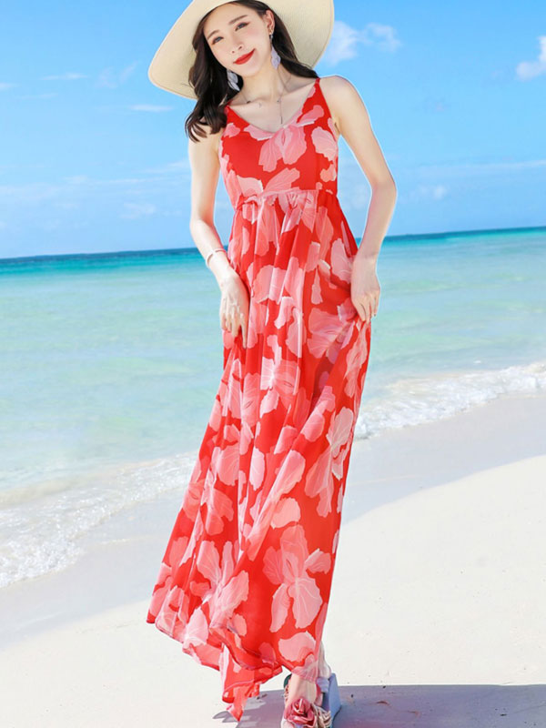Red Floral Maxi Beach Dress with Self Tie