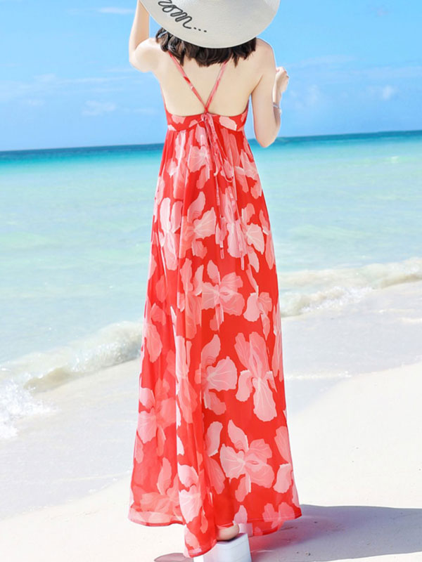 Red Floral Maxi Beach Dress with Self Tie