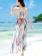 Color Block Print Belt Tea Slip Beach Dress