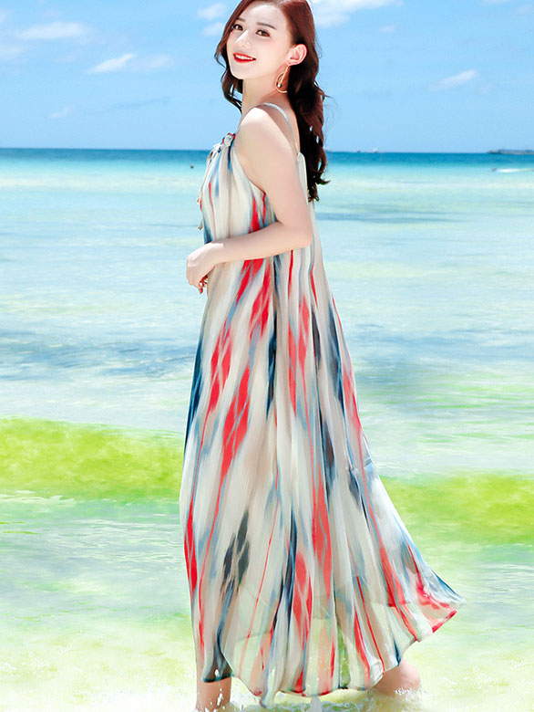 Color Block Print Belt Tea Slip Beach Dress