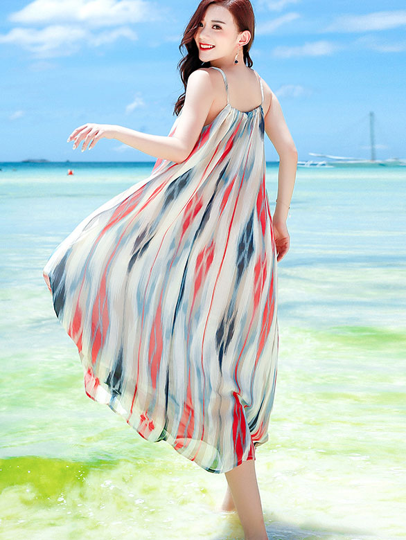 Color Block Print Belt Tea Slip Beach Dress