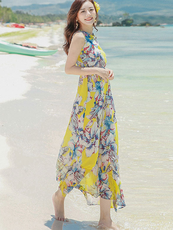Yellow Floral Print Halter Beach Dress