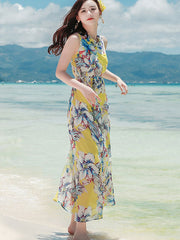 Yellow Floral Print Halter Beach Dress
