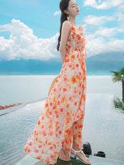 Orange Floral Print Frill Detail Slip Beach Dress