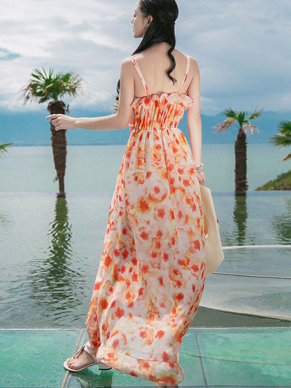 Orange Floral Print Frill Detail Slip Beach Dress